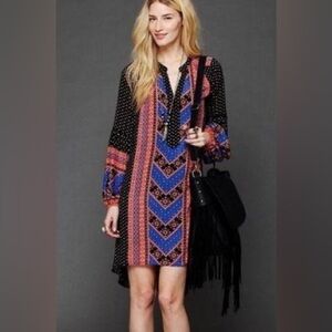 Free People Peacemaker Tunic Dress Aztec Print High Low Vneck Boho Gypsy Rayon